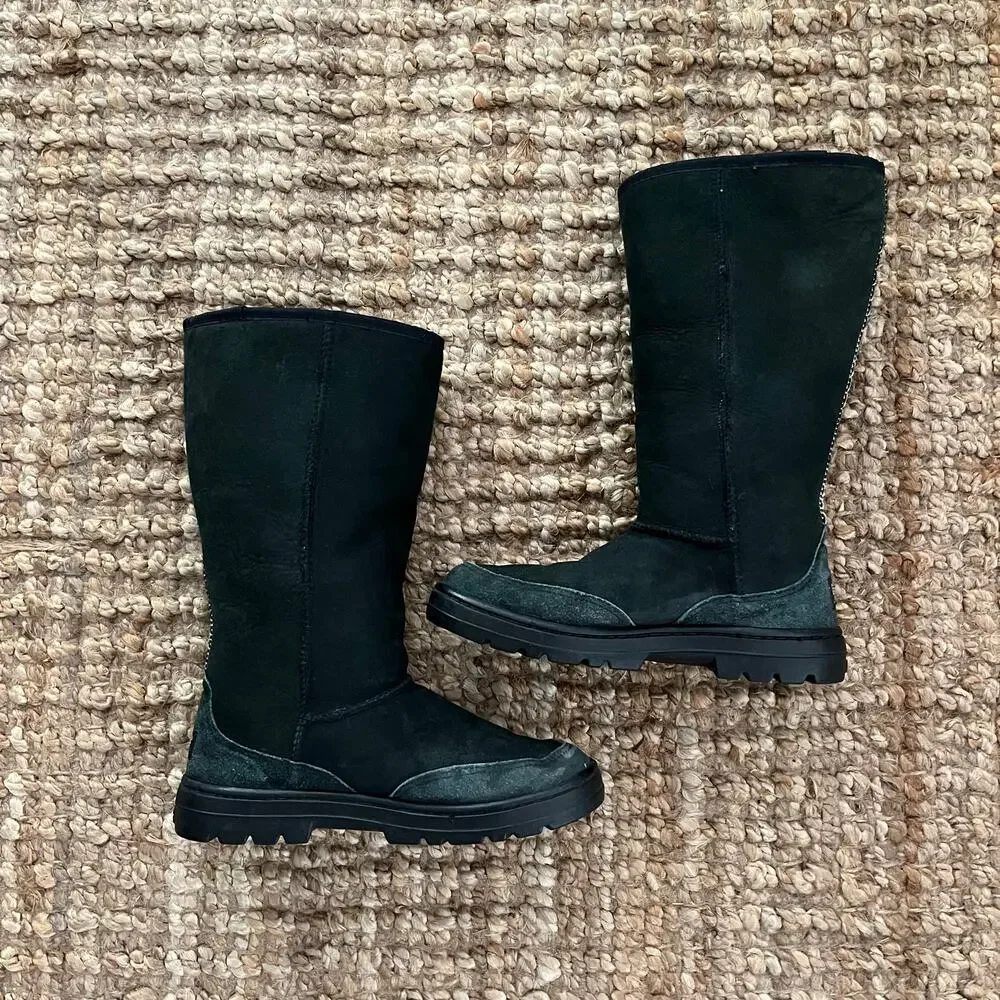 UGG Ultra Tall Revival Boots Black Sheepskin Wool Braid Back Women's 9 12